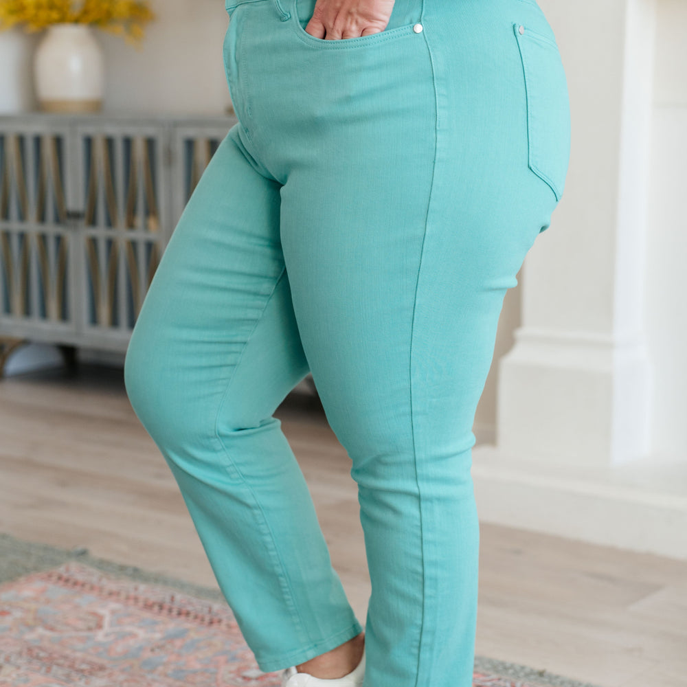 
                      
                        Bridgette High Rise Garment Dyed Slim Jeans in Aquamarine
                      
                    