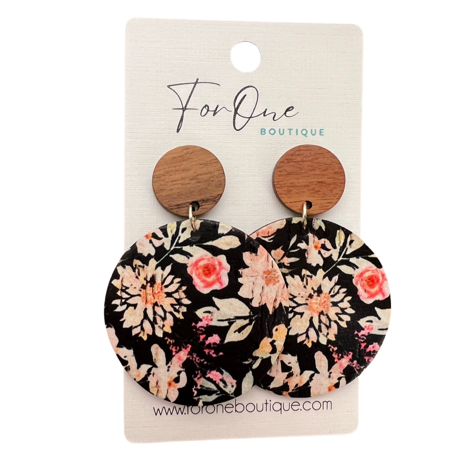 Genuine Leather and Cork Black Floral Earrings