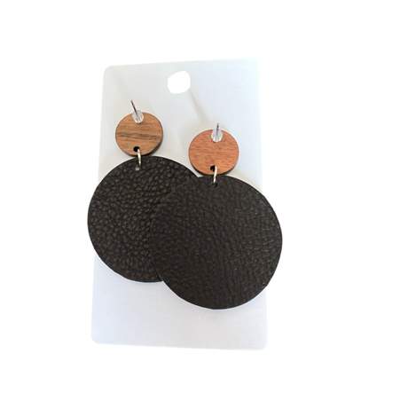 Genuine Leather and Cork Black Floral Earrings