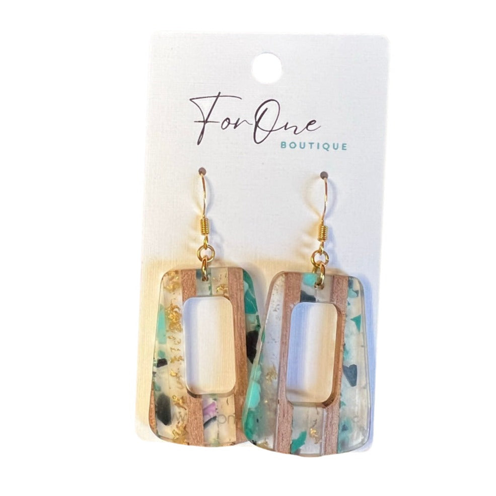 Teal, Gold and Woodgrain Dangle Earrings