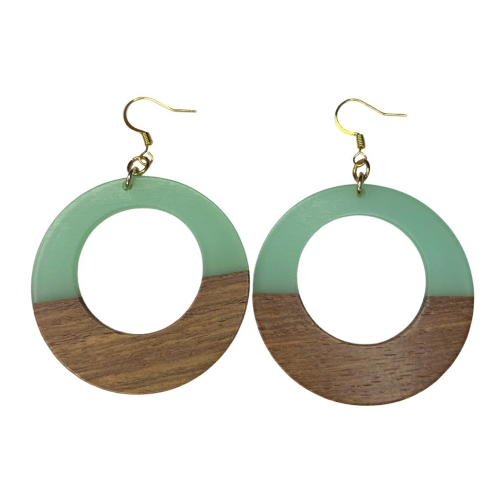 Mint Green and Woodgrain Circle Earrings