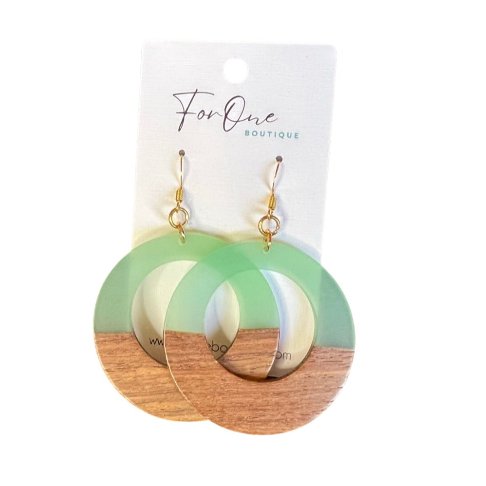 Mint Green and Woodgrain Circle Earrings