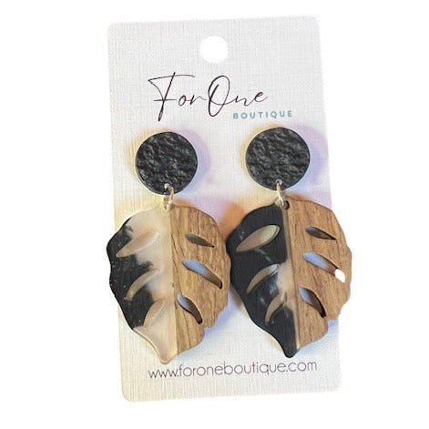 Black and Wooden Palm Tree Leaf Earrings