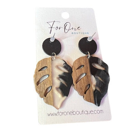 Black and Wooden Palm Tree Leaf Earrings