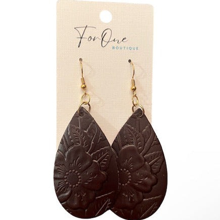 Faux Leather Brown Teardrop Floral Earrings