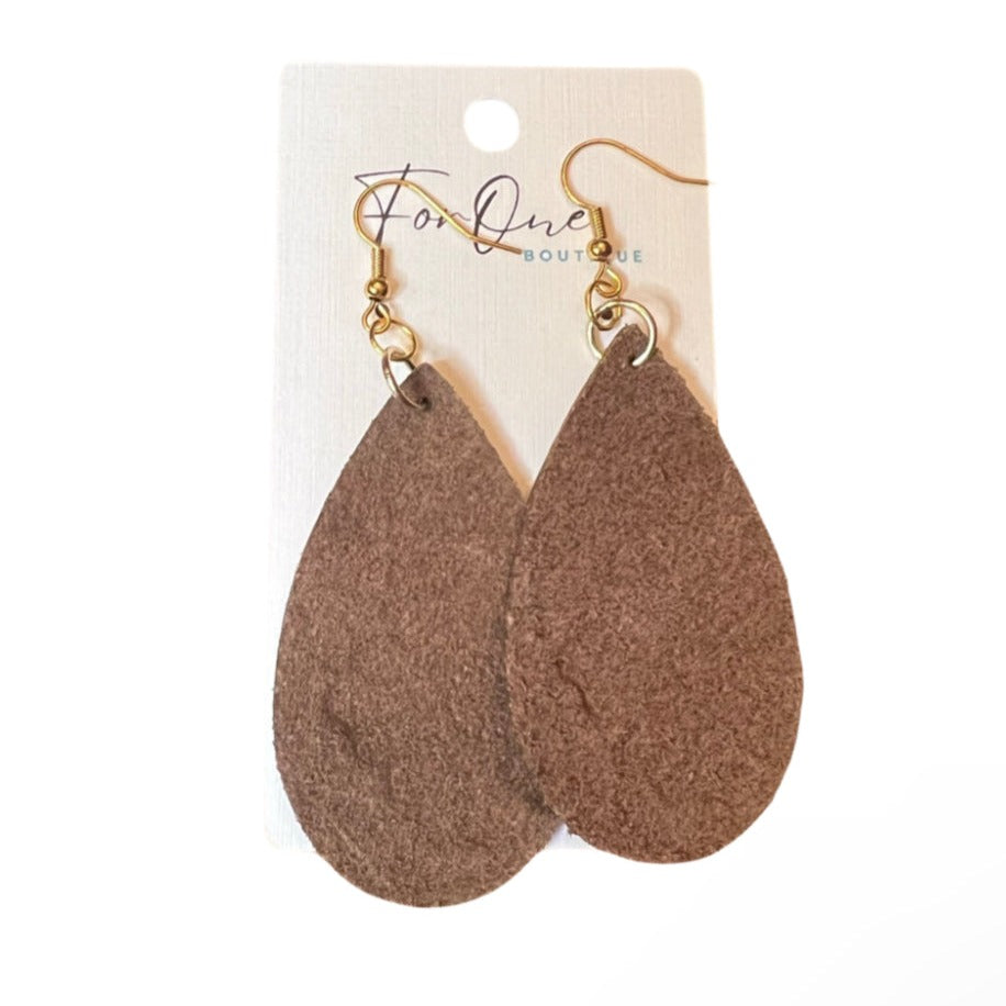 Faux Leather Brown Teardrop Floral Earrings