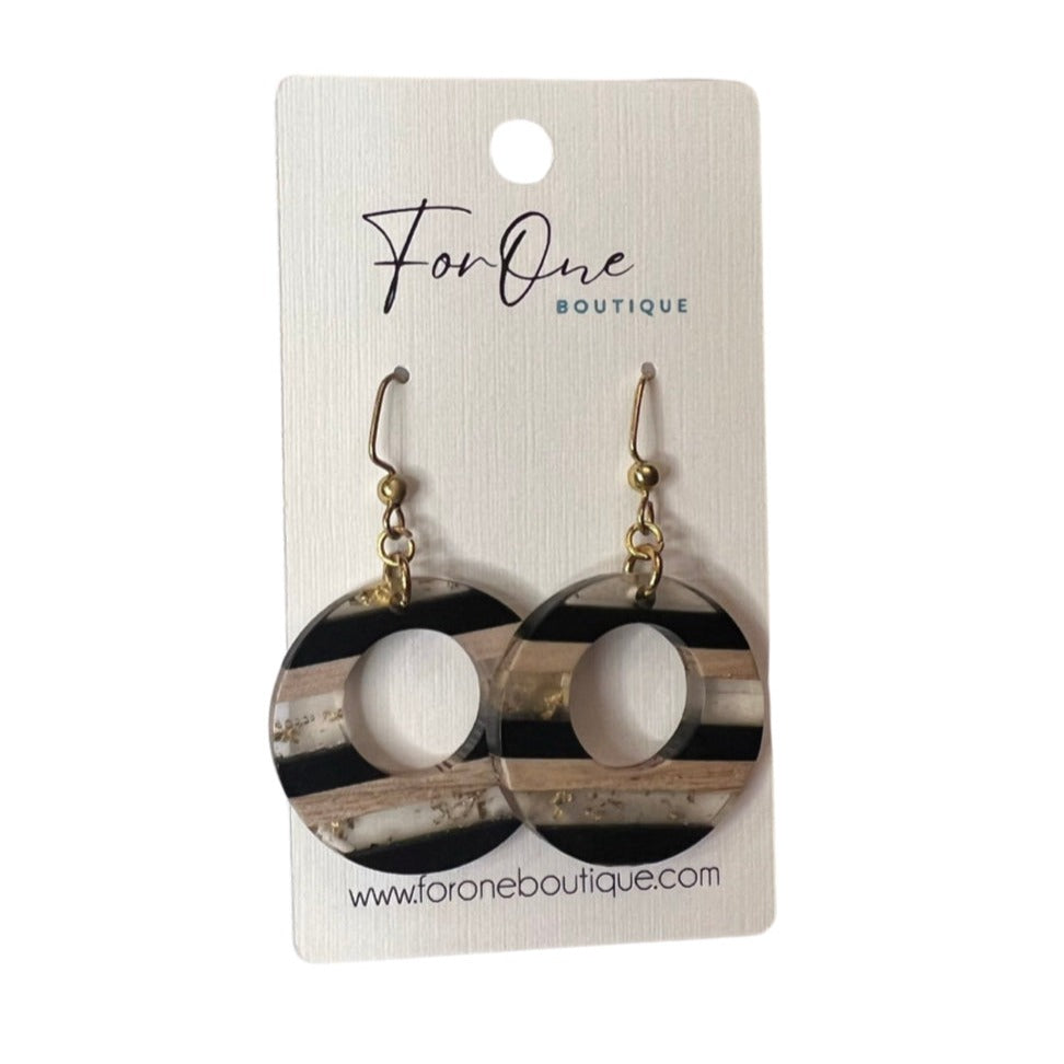 Round Black, White and Gold Earrings