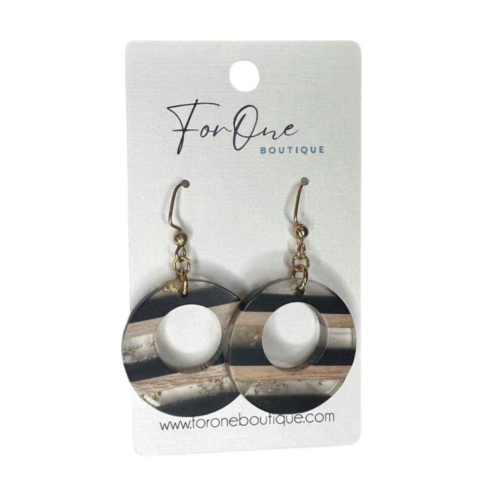 Round Black, White and Gold Earrings