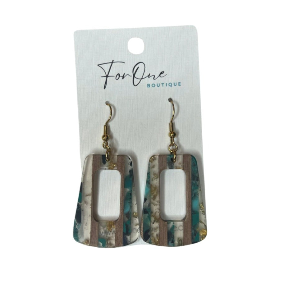 Teal, Gold and Woodgrain Dangle Earrings