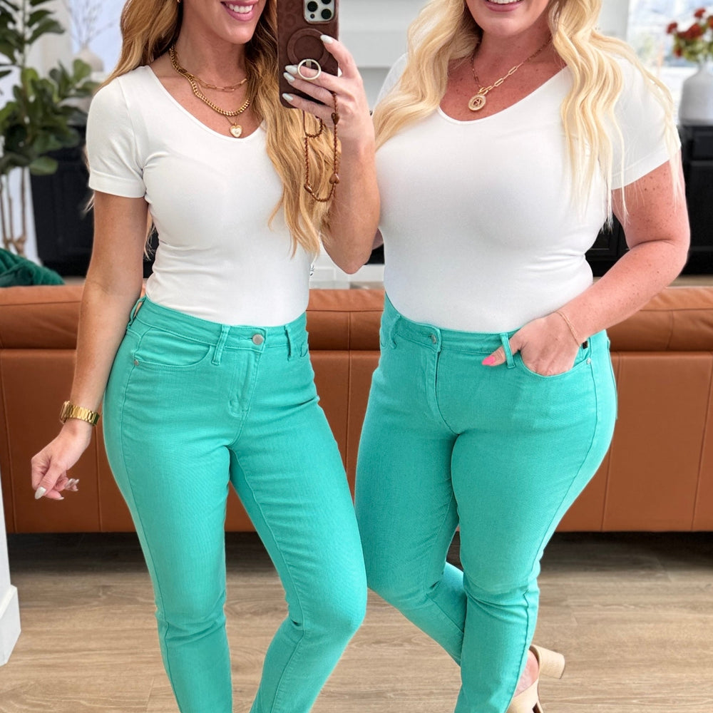 
                      
                        Bridgette High Rise Garment Dyed Slim Jeans in Aquamarine
                      
                    