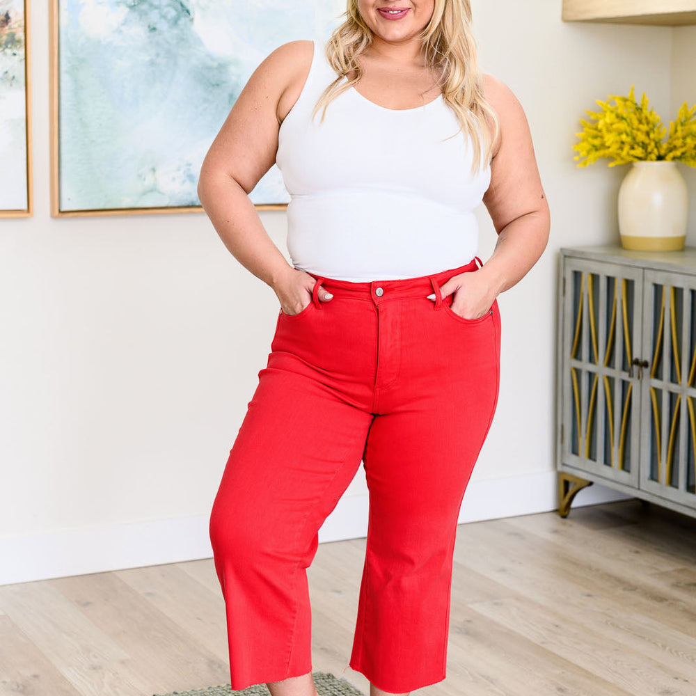 
                      
                        Lisa High Rise Control Top Wide Leg Crop Jeans in Red
                      
                    