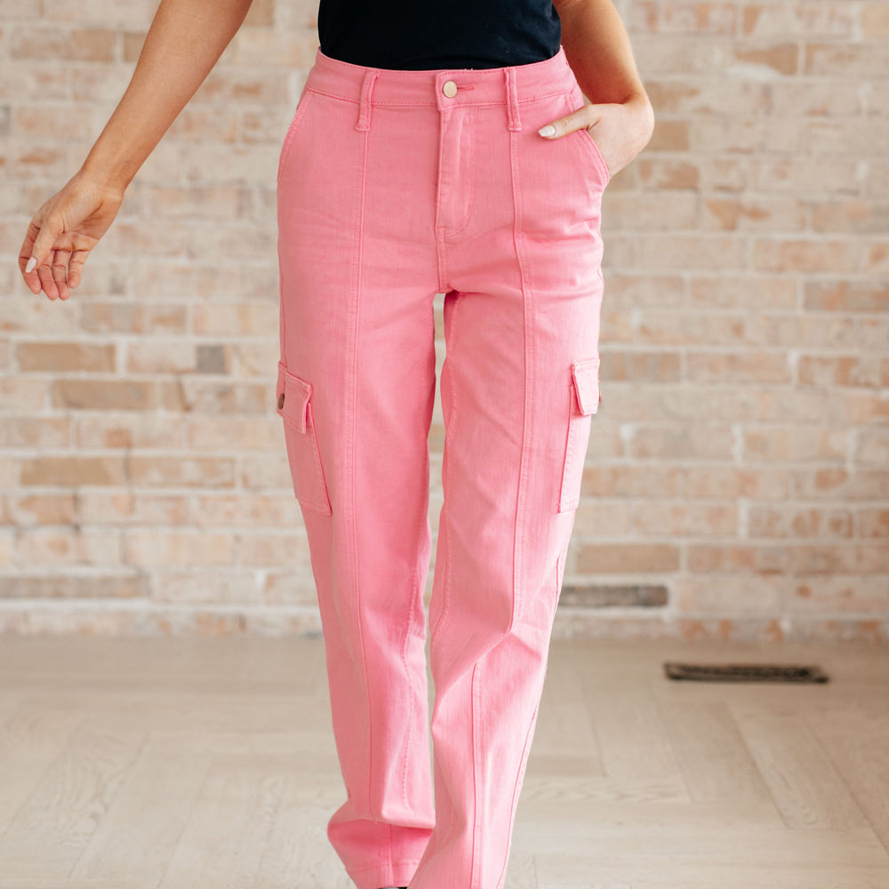 
                      
                        Peggy High Rise Cargo Straight Jeans in Pink
                      
                    